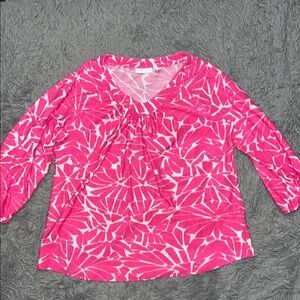 Susan Graver M Top Pink White Floral Raised Pattern Balloon Sleeves V Neck